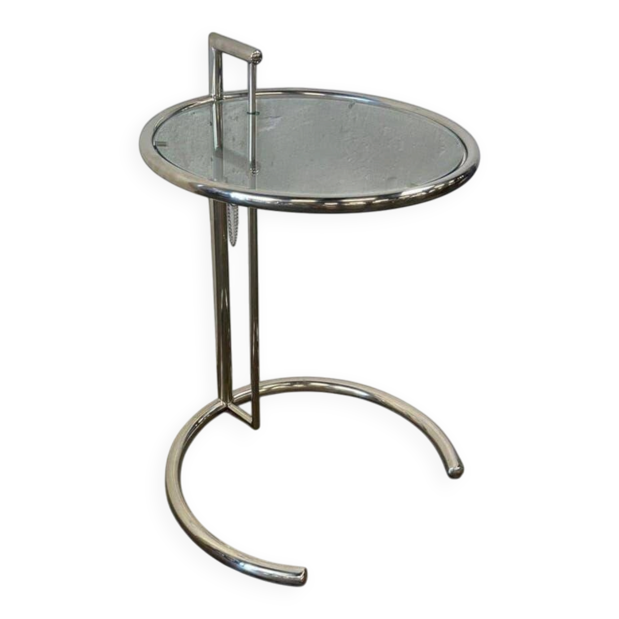 Vintage adjustable chrome side table with smoked glass.