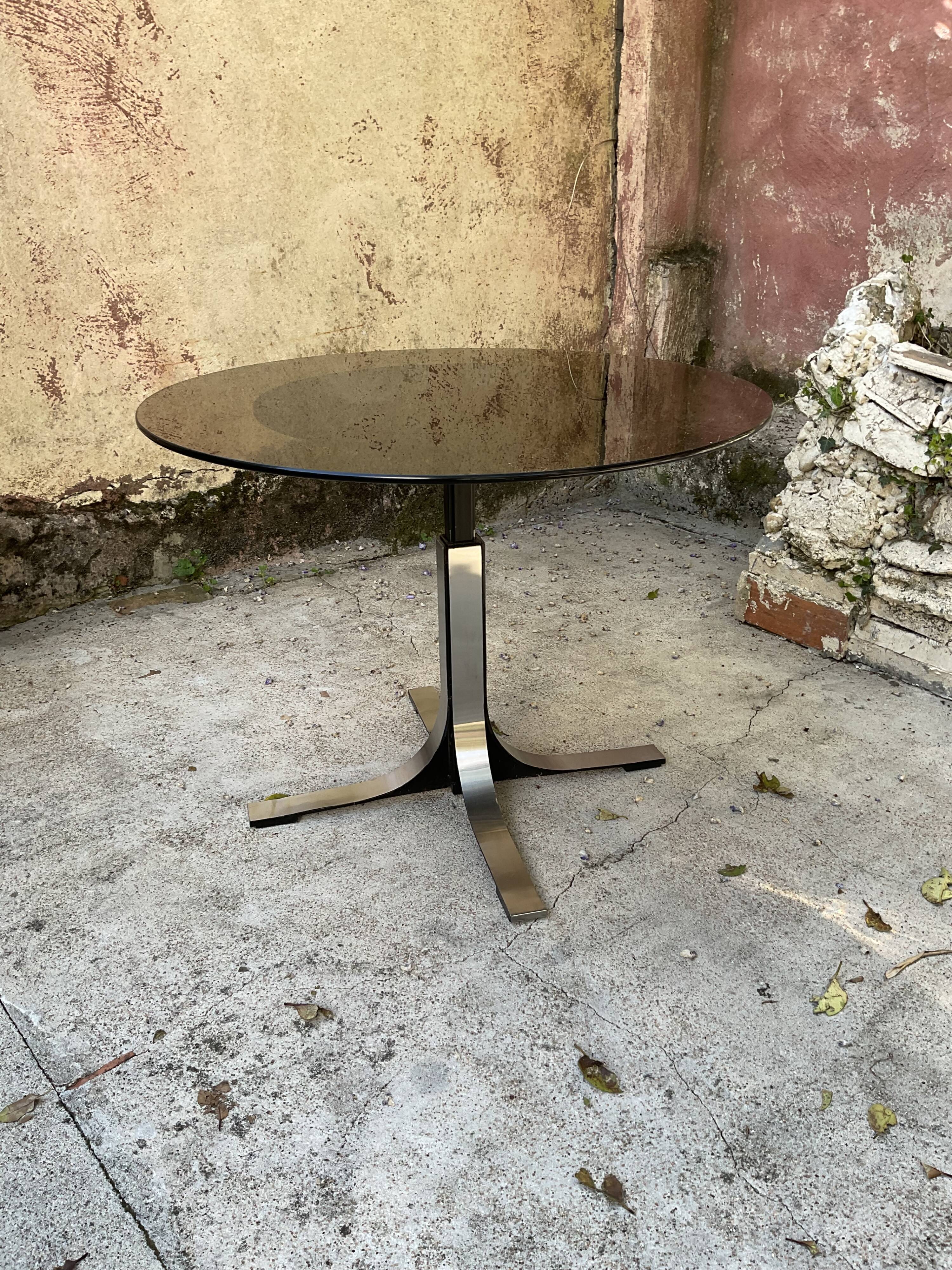 Adjustable coffee table in smoked glass, steel and stainless steel from the 70s