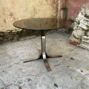 Adjustable coffee table in smoked glass, steel and stainless steel from the 70s