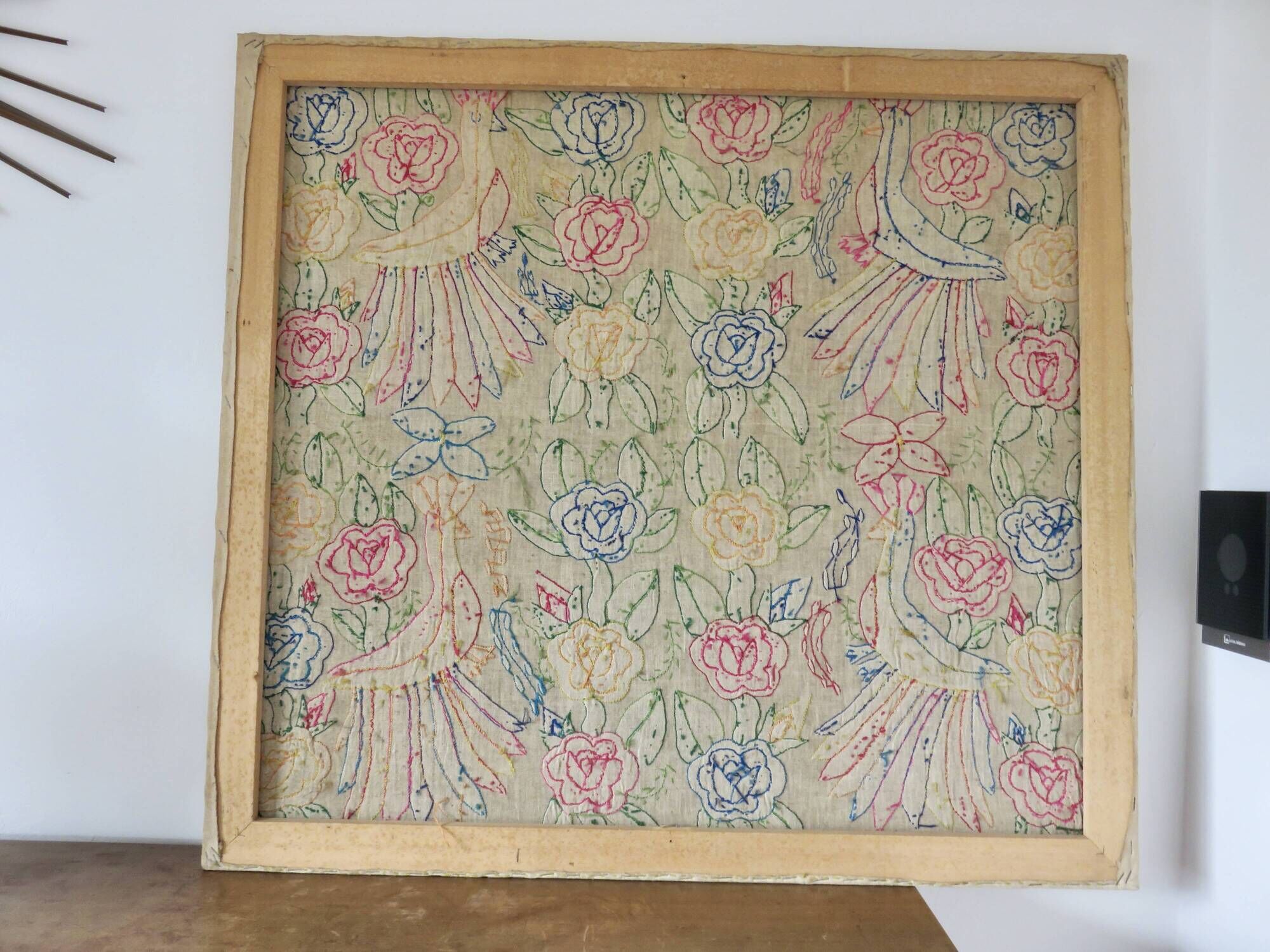 Large Mexican tapestry OTOMI TENANGO, colourful flowers and birds, 1970