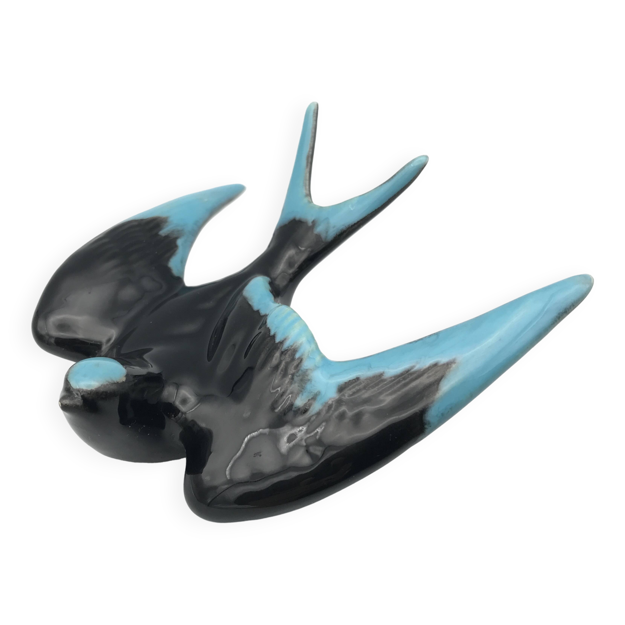 Vintage swallow in two-tone black and blue enameled ceramic