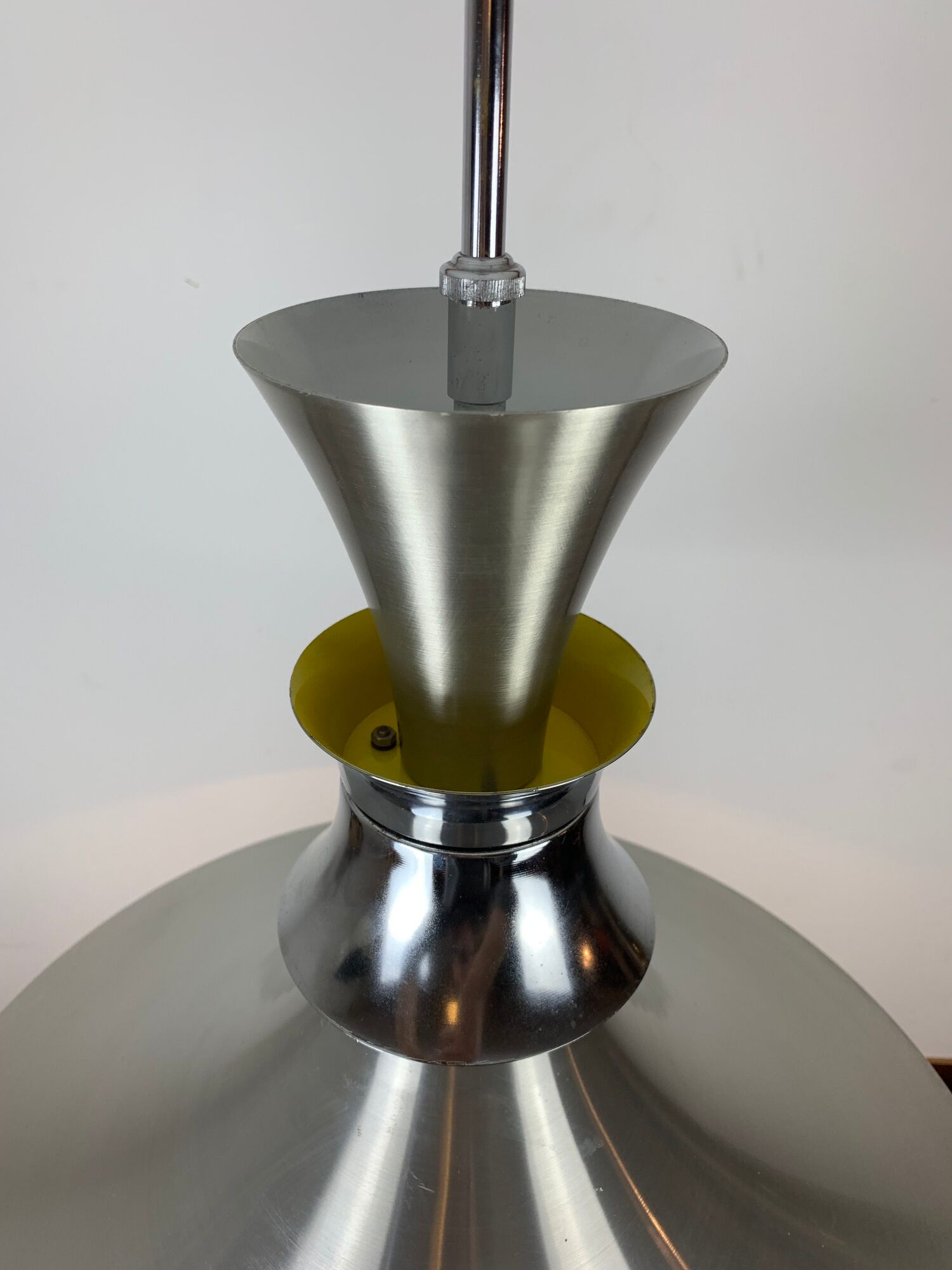 Scandinavian space age pendant lamp by Bent Nordsted for Lyskaer brushed steel 70s