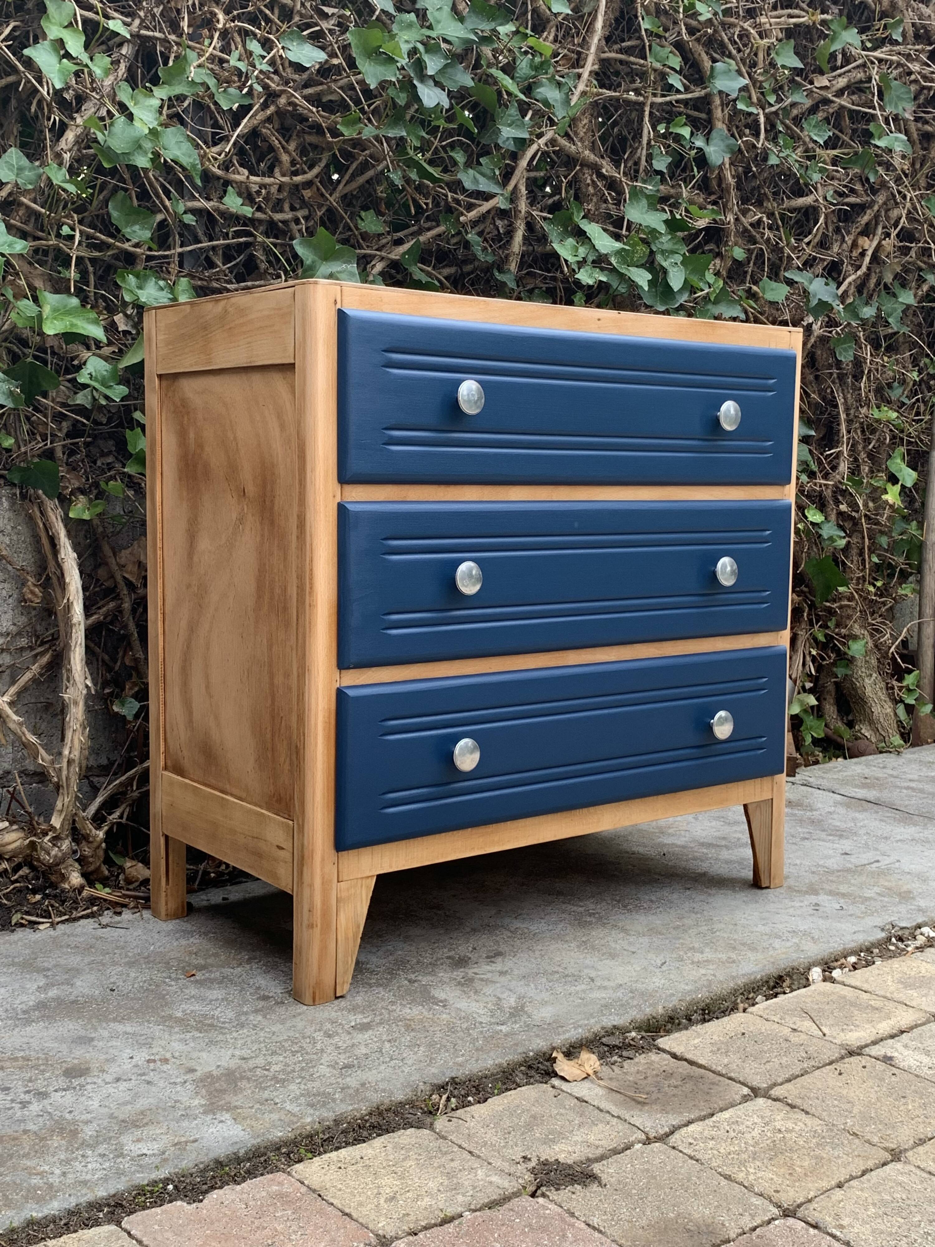 Art Deco chest of drawers in raw wood and blue, 1940