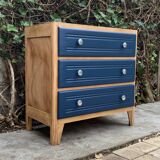 Art Deco chest of drawers in raw wood and blue, 1940