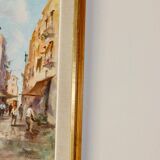Mid-century oil on canvas painting" city street scene  " by moriani --vintage & framed
