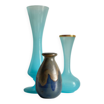 3 VASES Ocean Blue Stoneware and Opaline Glass Vintage