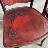 Set of 4 Art Nouveau bent beech wood chairs, deep red-brown embossed seats (Jacob & Josef Kohn, ca.1900)