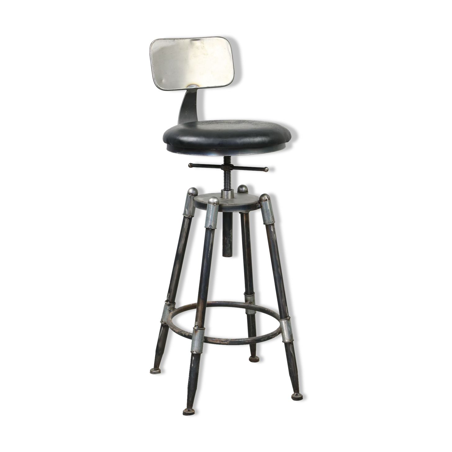 Vintage industrial metal & leather swivel bar stool