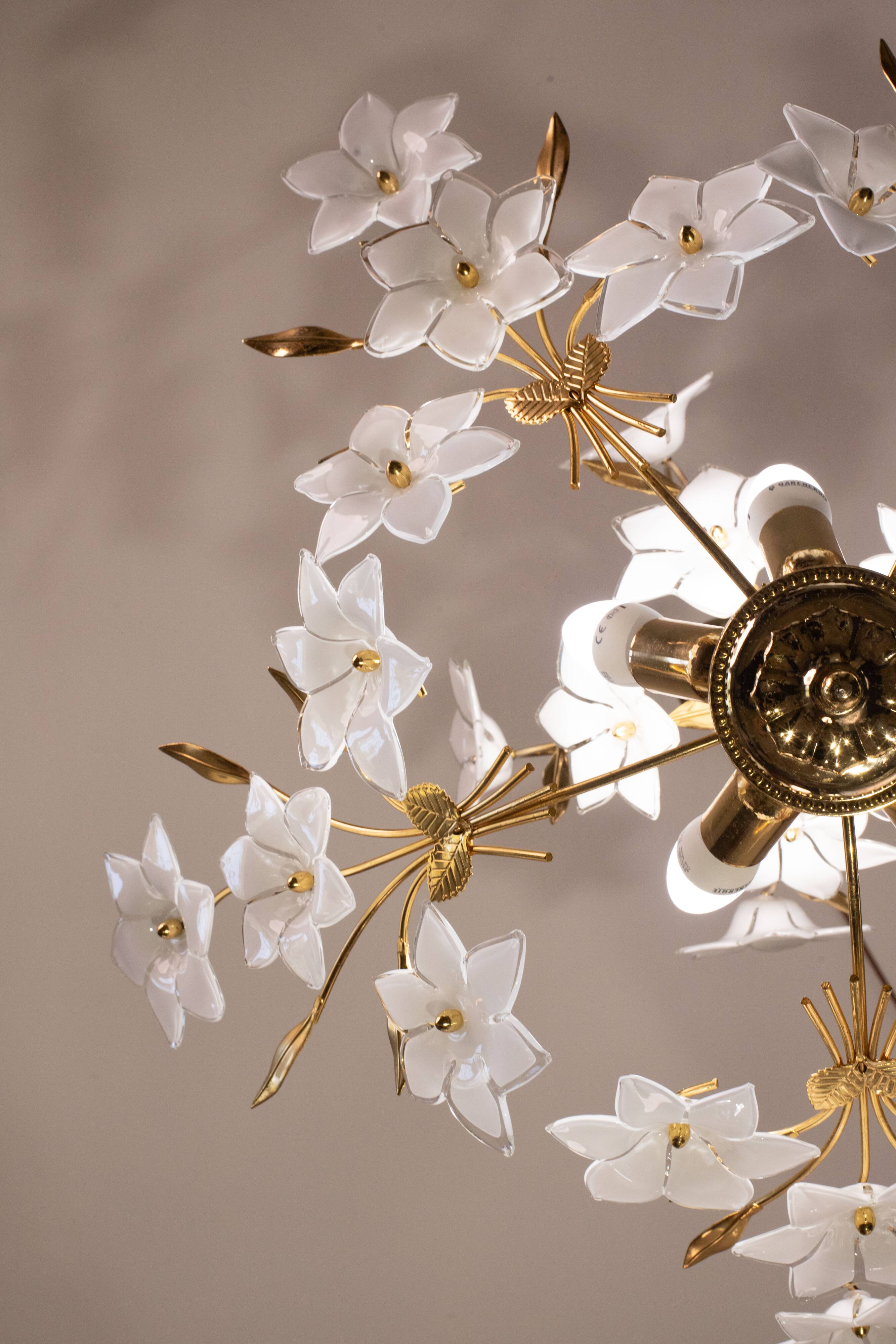 Vintage Murano Glass Chandelier White Flowers, 1970