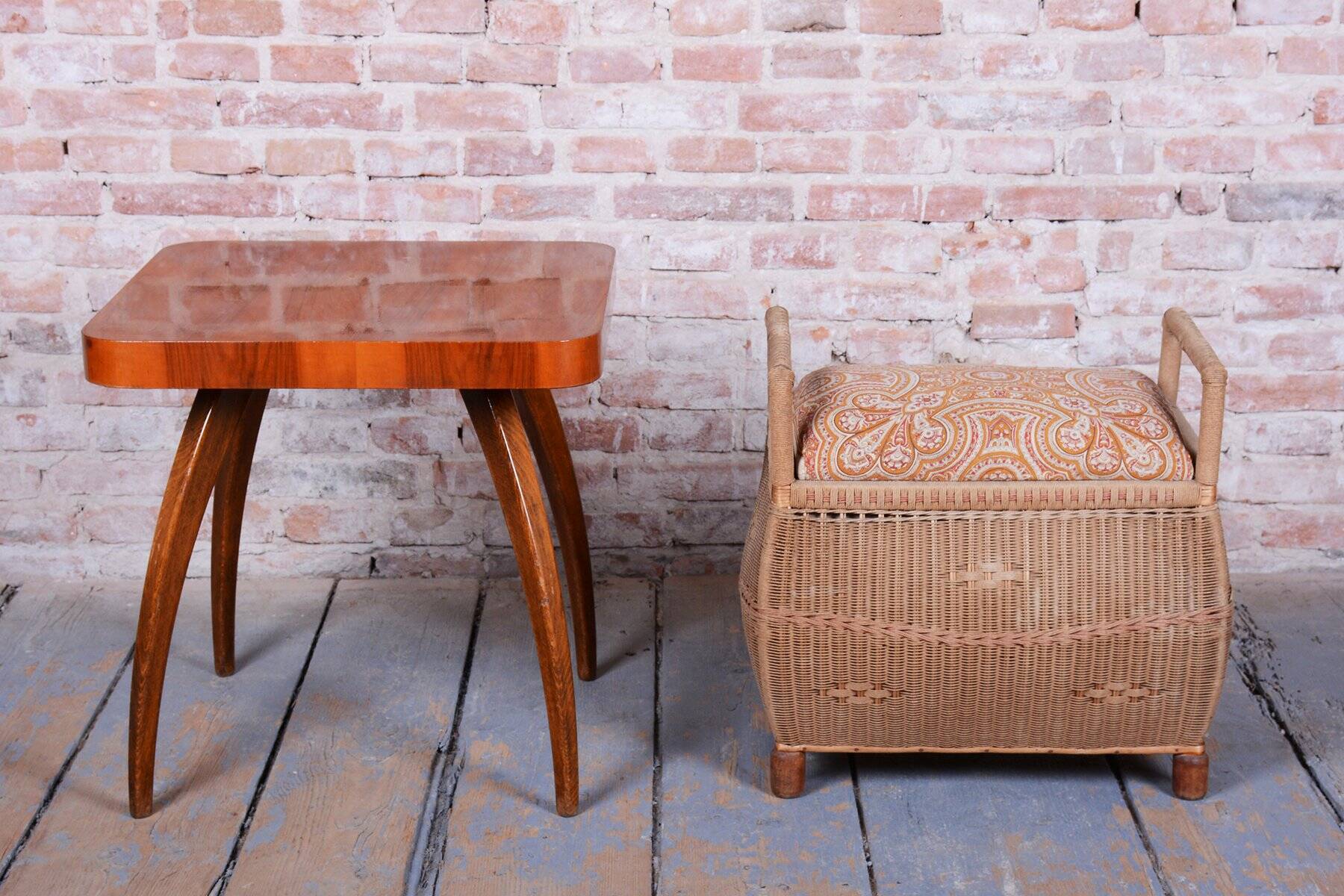Czech Art Deco Stool in Wood and Hemp, 1940s
