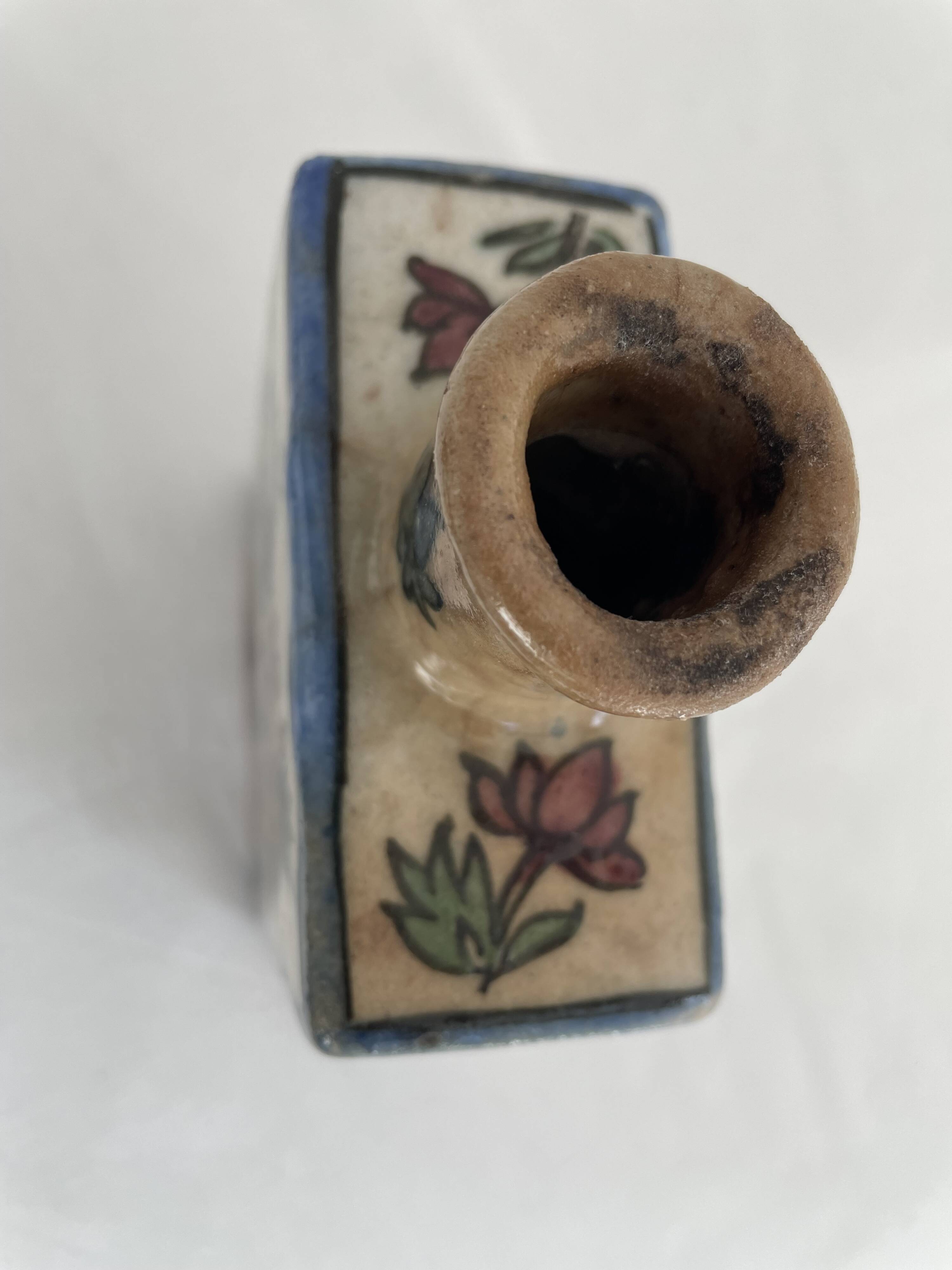 Persian bottle, antique vase with polychrome flower decoration, Kagjar style, antique ceramic