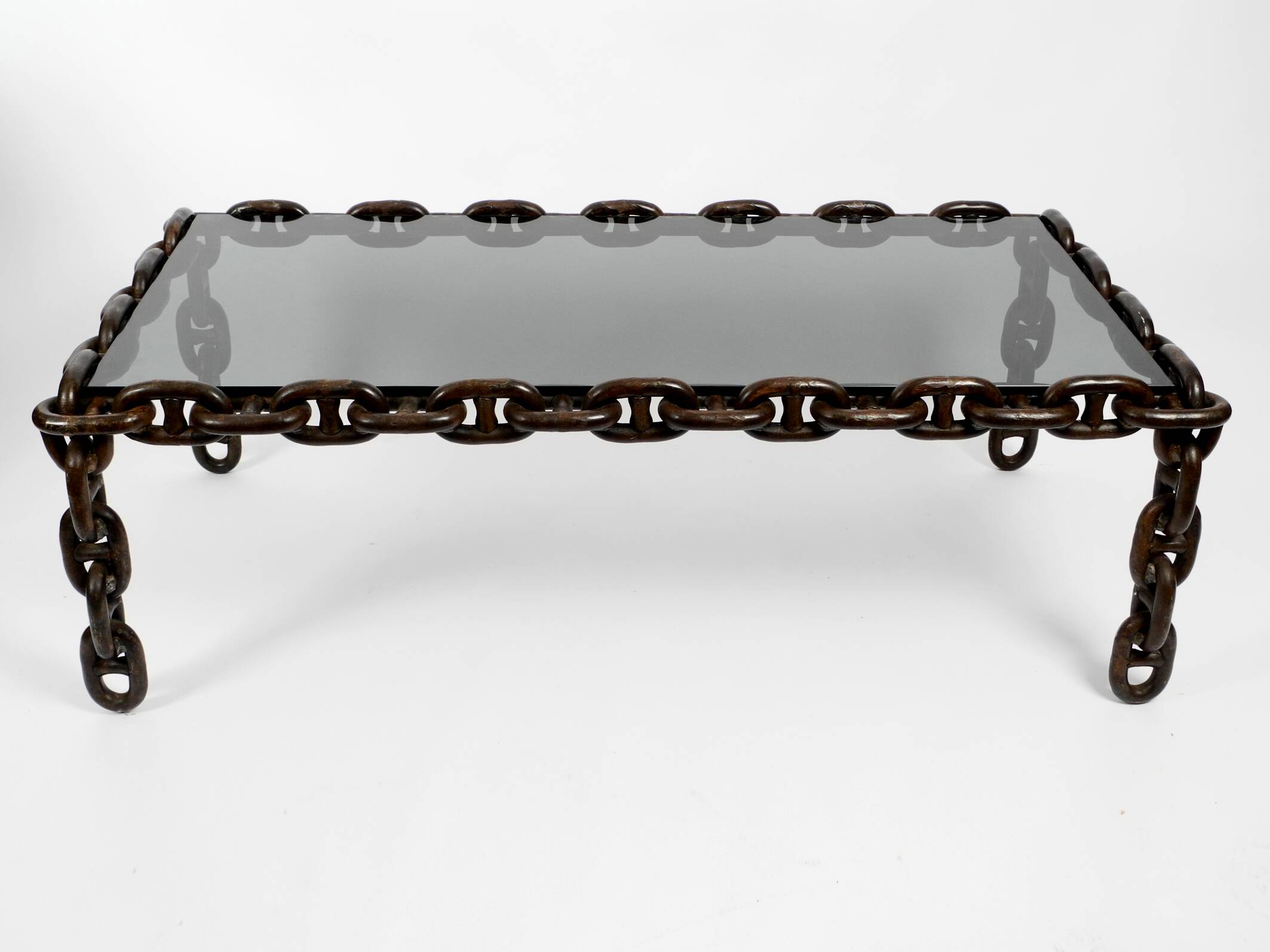 1970s XL Coffee Table Made of Nautical Iron Chain and a Thick Smoked Glass