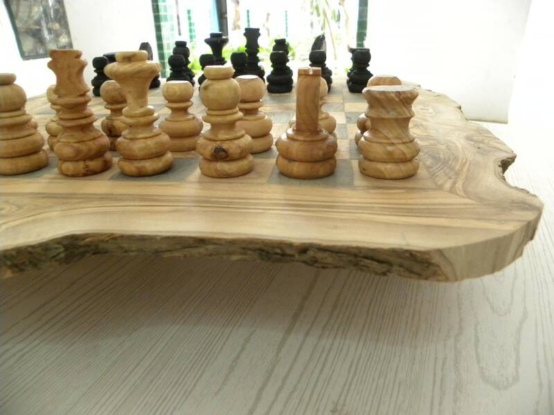 Rustic handcrafted olive wood chess set