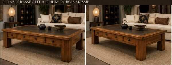 Ancien lit à opium chinois transformé en grande table basse – Shandong –