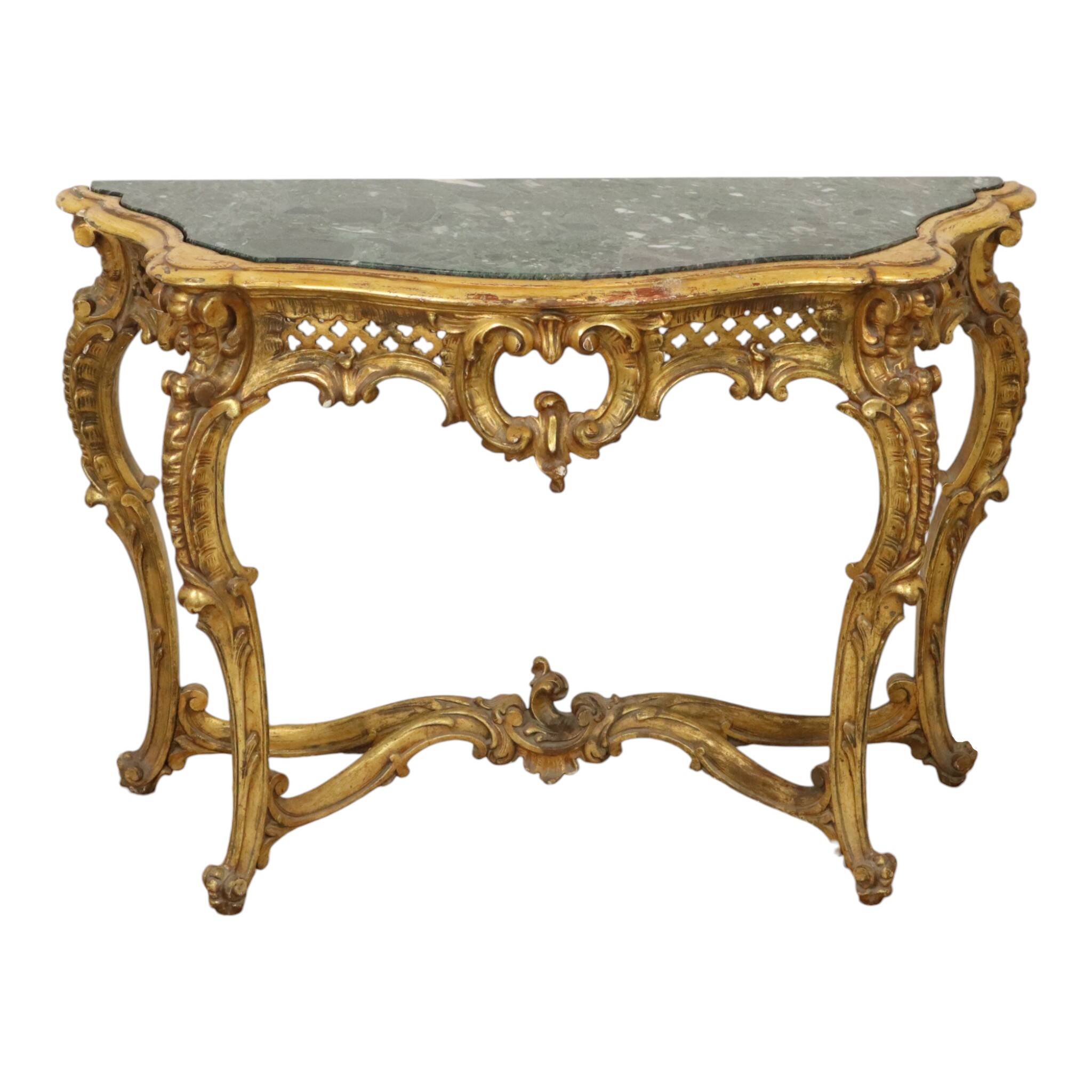 French Louis XV Style Console Gold Leaf Gilded Wood and Marble
