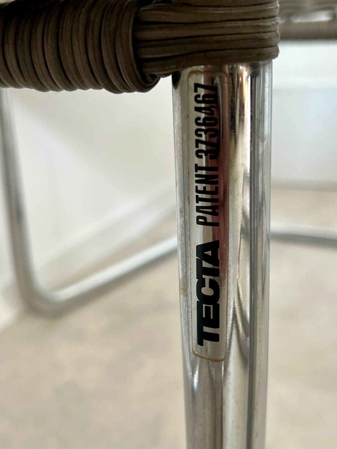 Set of 8 Tecta designer tubular chairs, Bauhaus style, metal and vintage gray cane, 80s