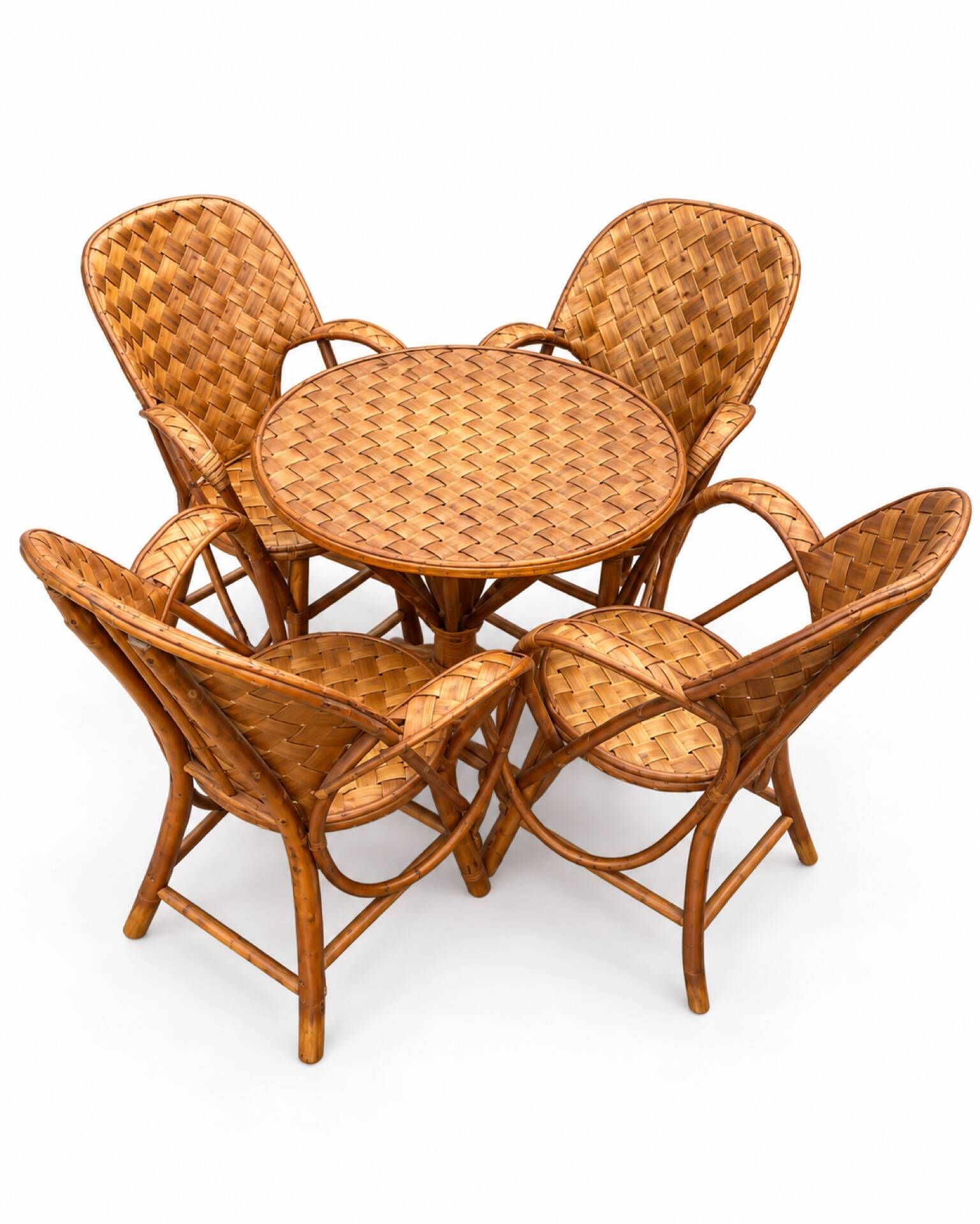 Ensemble de jardin vintage en rotin tressé –table ronde et 4 fauteuils
