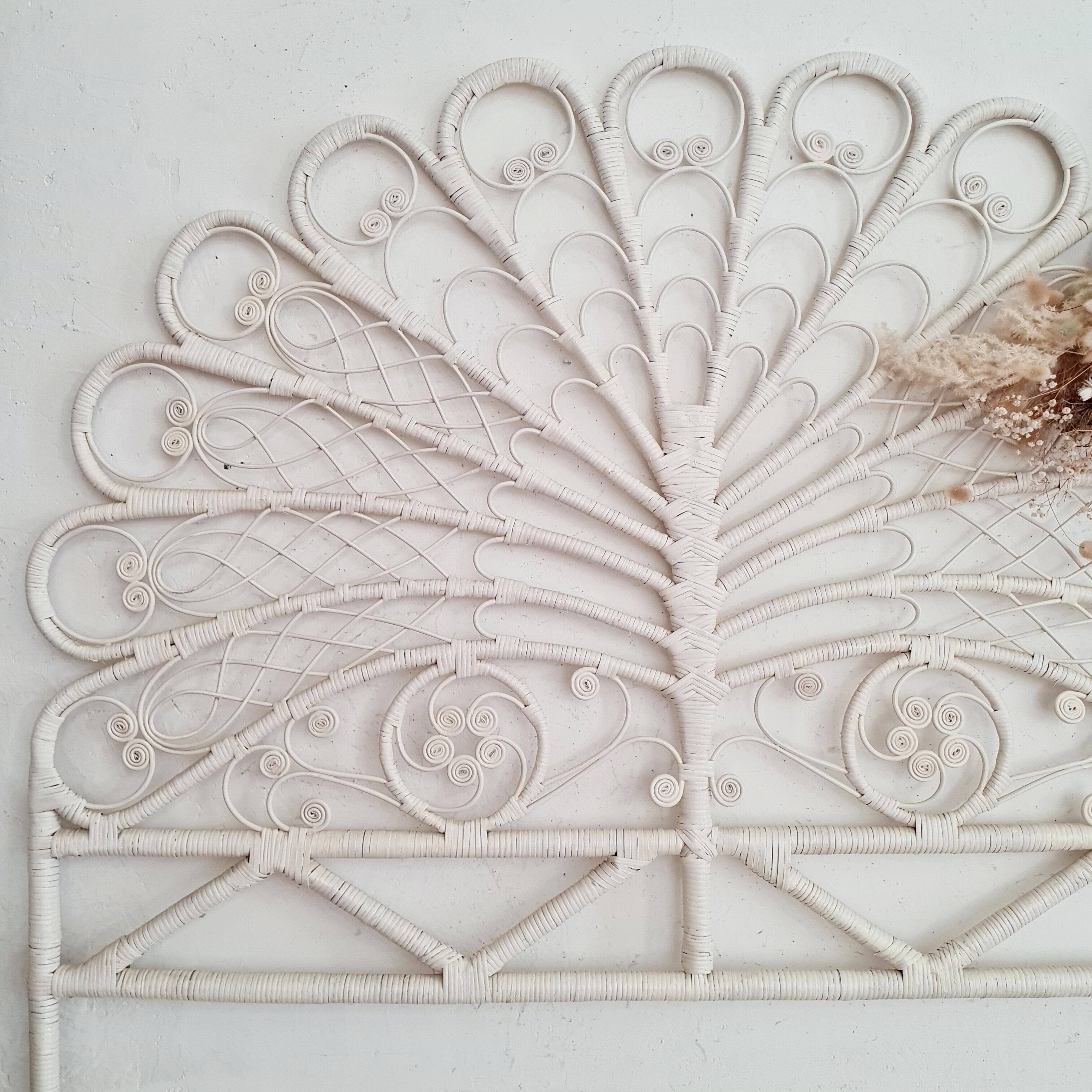Peacock headboard in white rattan
