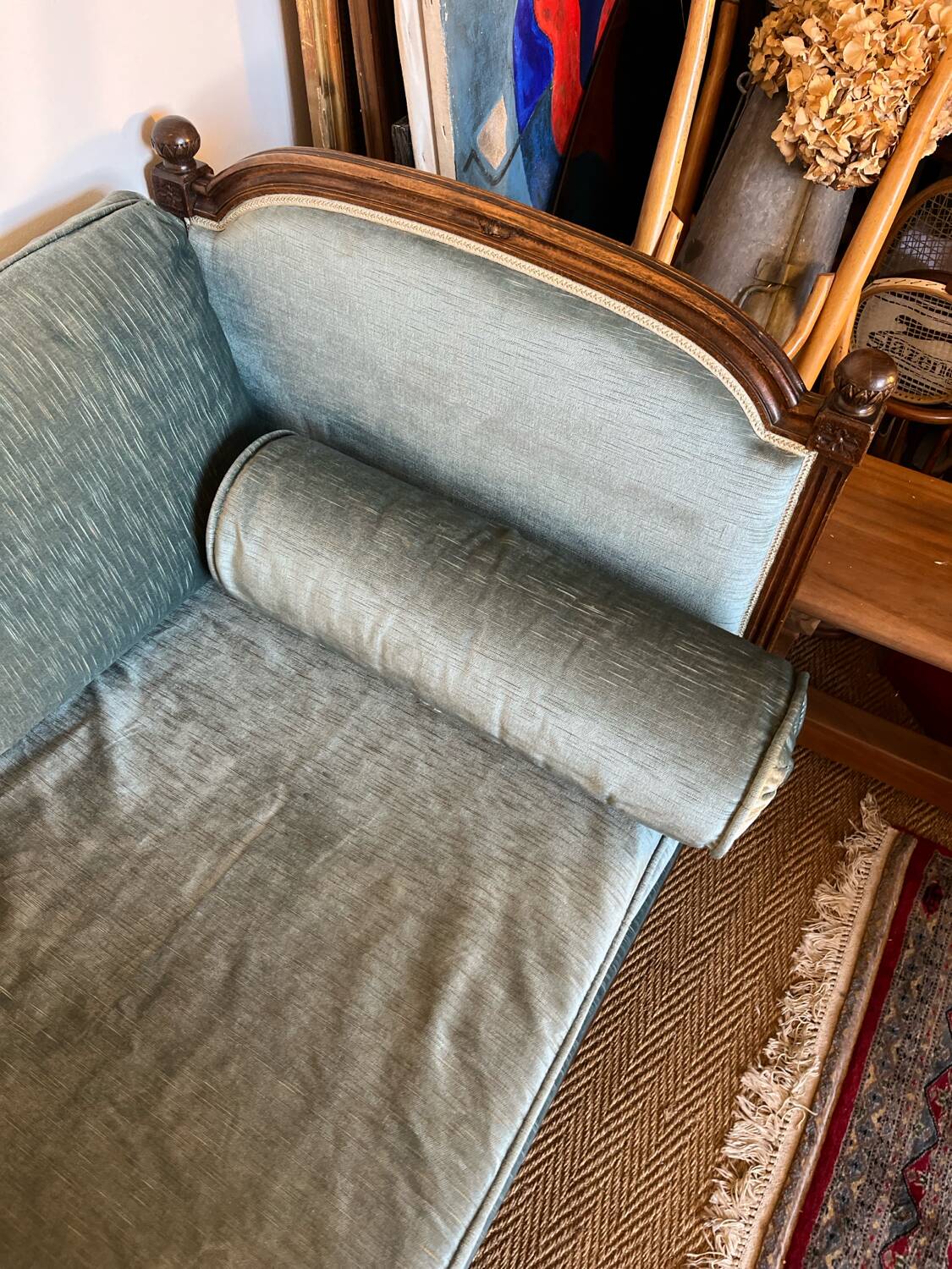Vintage Louis XVI style blue velvet sofa