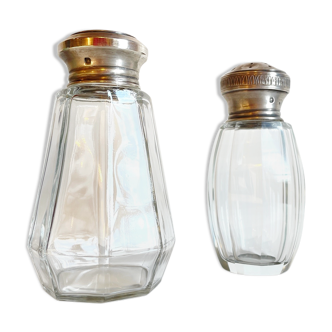 Salt and pepper shaker glass and stamped silver