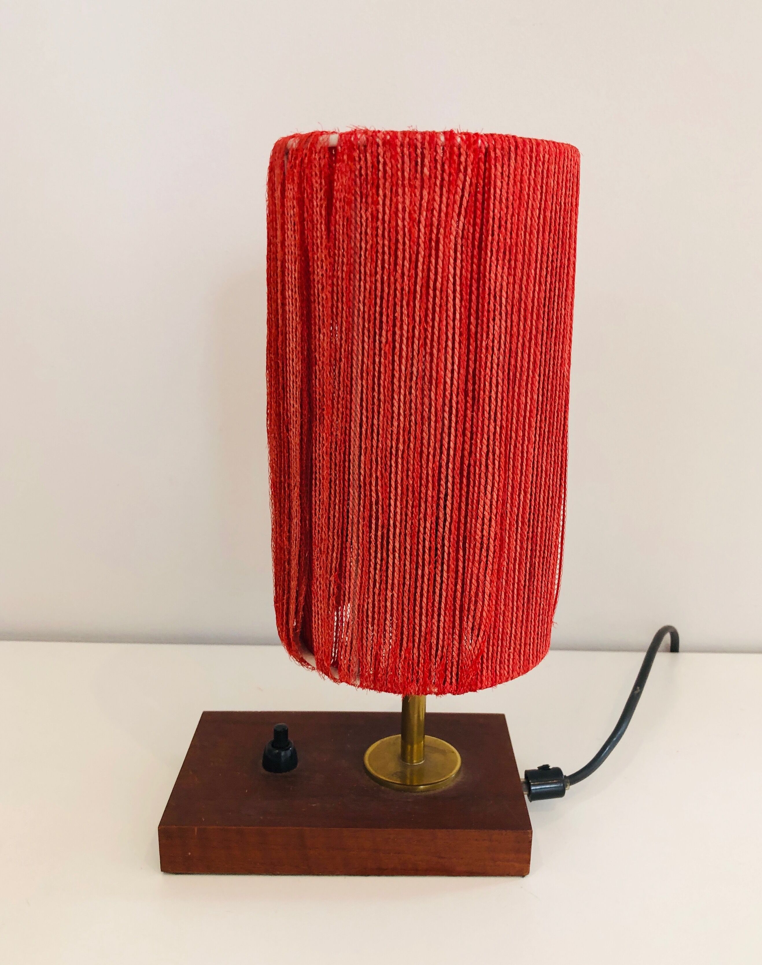 Lamp in wood, brass and wool