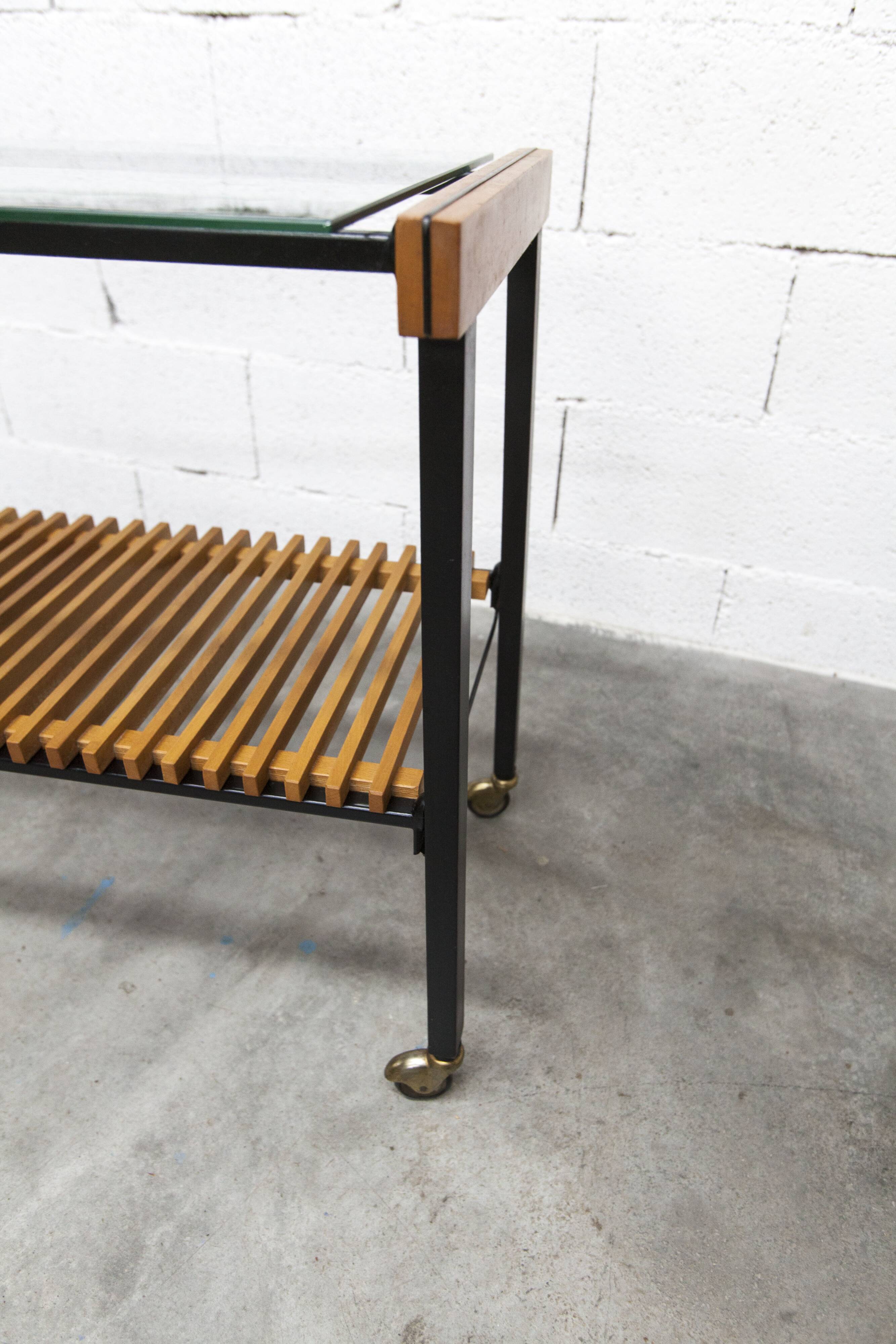 1960s serving cart, hi-fi cabinet on casters, teak, black metal, glass