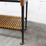 1960s serving cart, hi-fi cabinet on casters, teak, black metal, glass