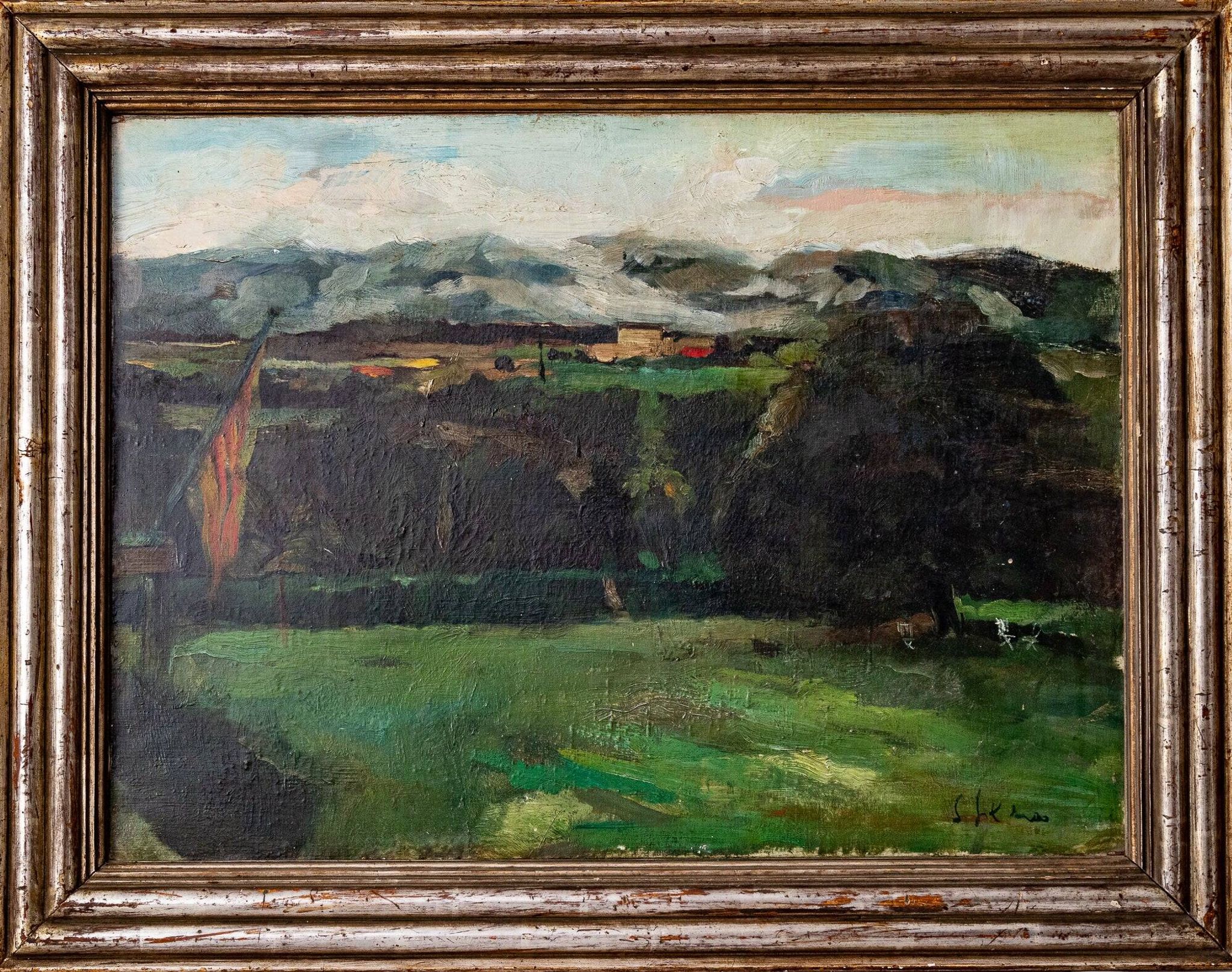 Paysage impressionniste intéressant - Cadre doré argenté de haute qualité
