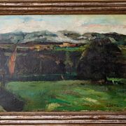 Paysage impressionniste intéressant - Cadre doré argenté de haute qualité