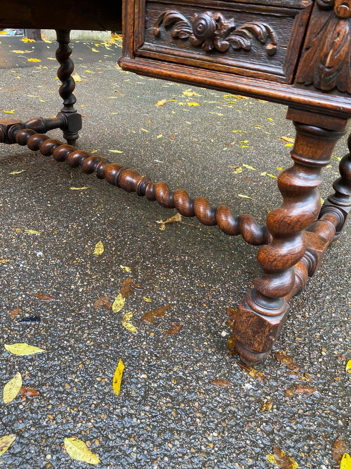 19th-century Renaissance carved oak desk with chair