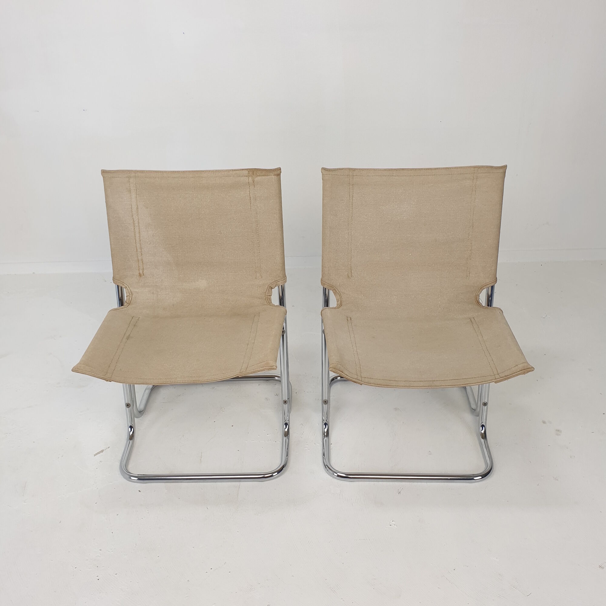 Set of 2 italian canvas and chromed metal chairs, 1970's