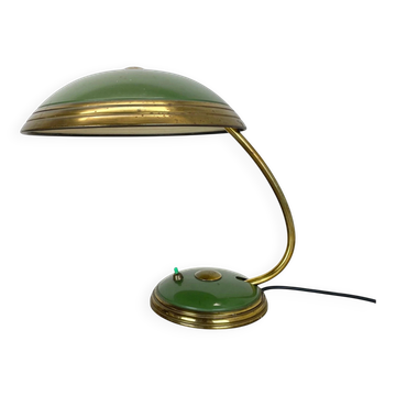 German green bauhaus table lamp in brass and metal by helo lights, germany, 1950s