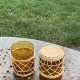 Service a porto ou a aperitif compose d'une carafe et de 6 verres, en verre de couleur ocre et rotin