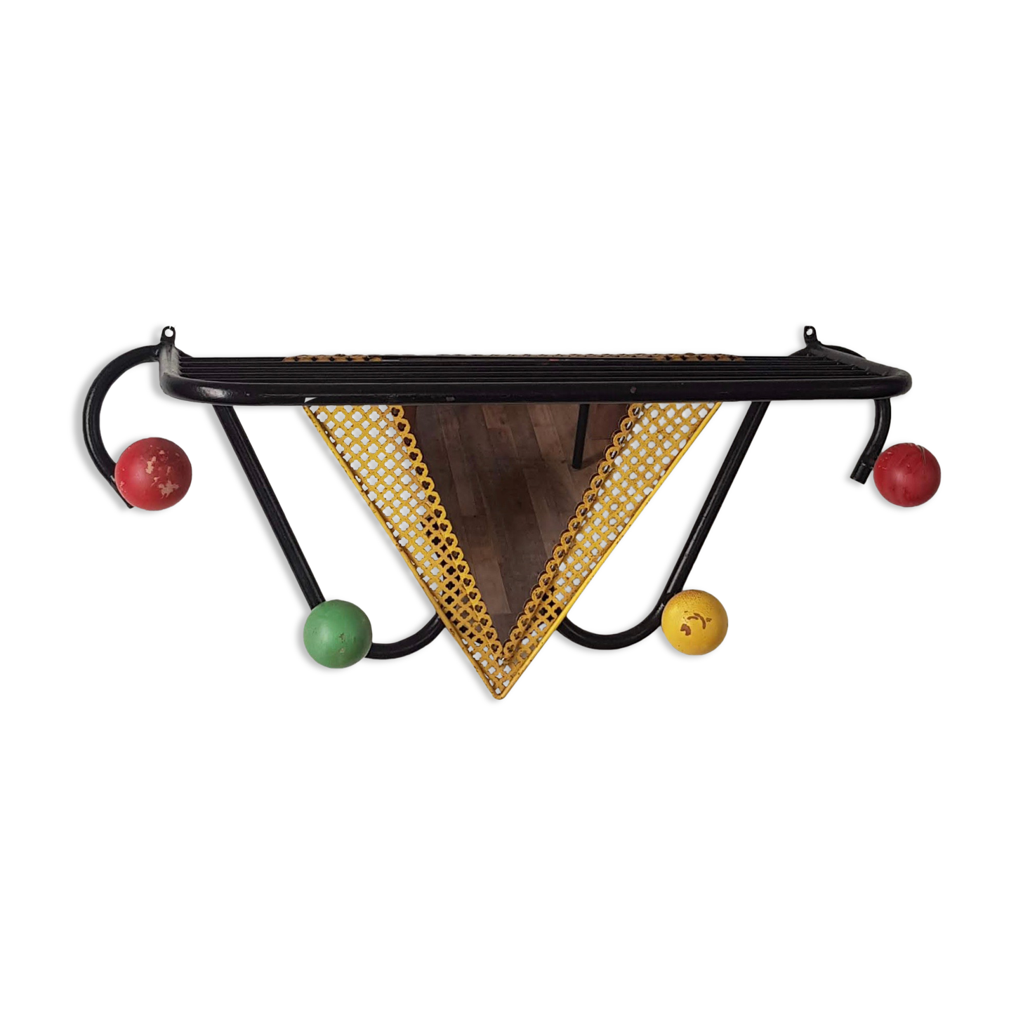 Vintage wall coat rack with mirror and shelf Black metal and wood ball