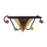 Porte-manteau mural vintage avec miroir et étagère métal noir et boule bois