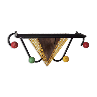 Vintage wall coat rack with mirror and shelf Black metal and wood ball