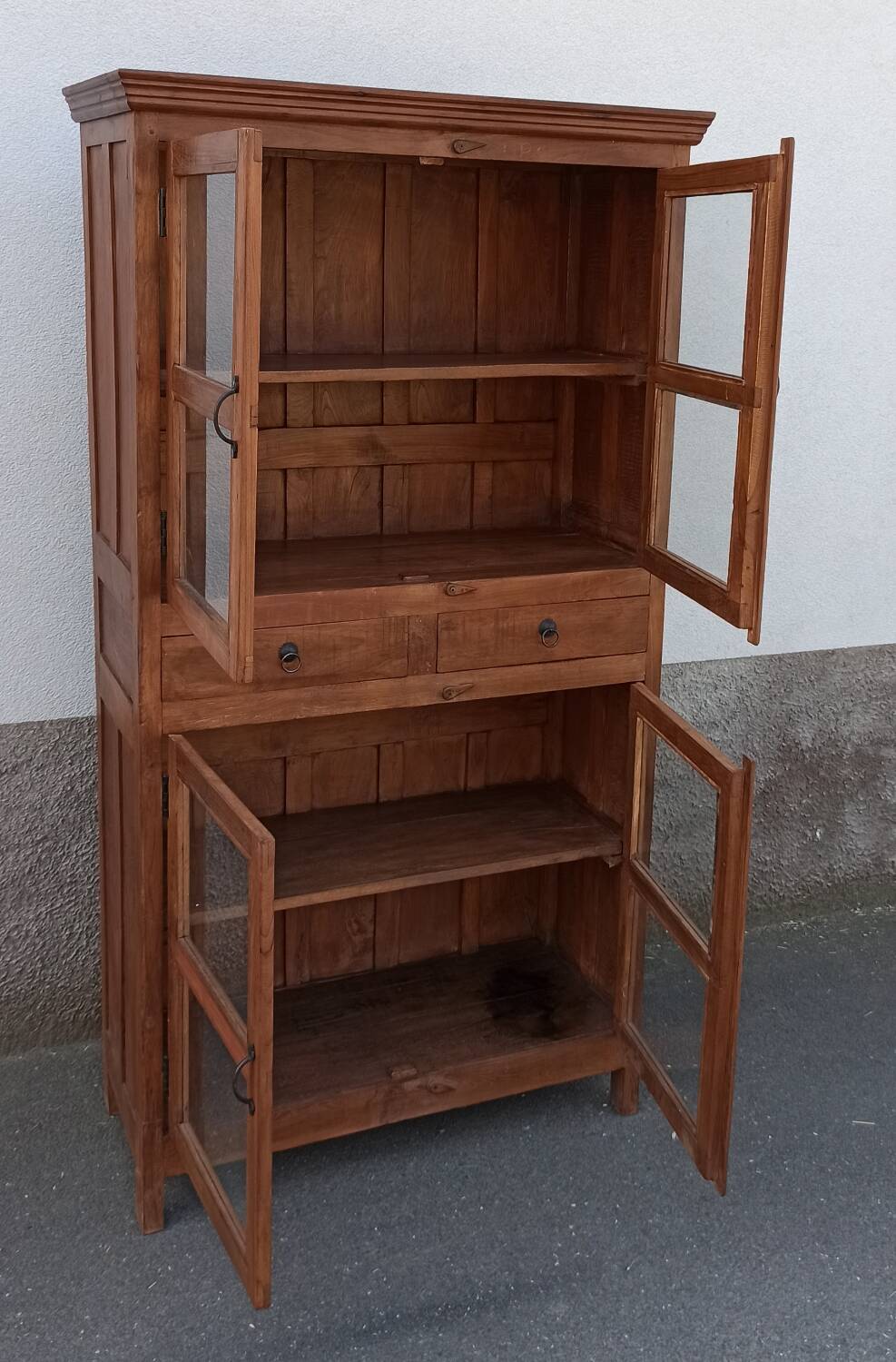 Antique teak cabinet with two drawers and four doors