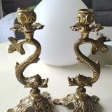Pair of neoclassical torchlight candlesticks, koi carp, feng shui. in gilded bronze