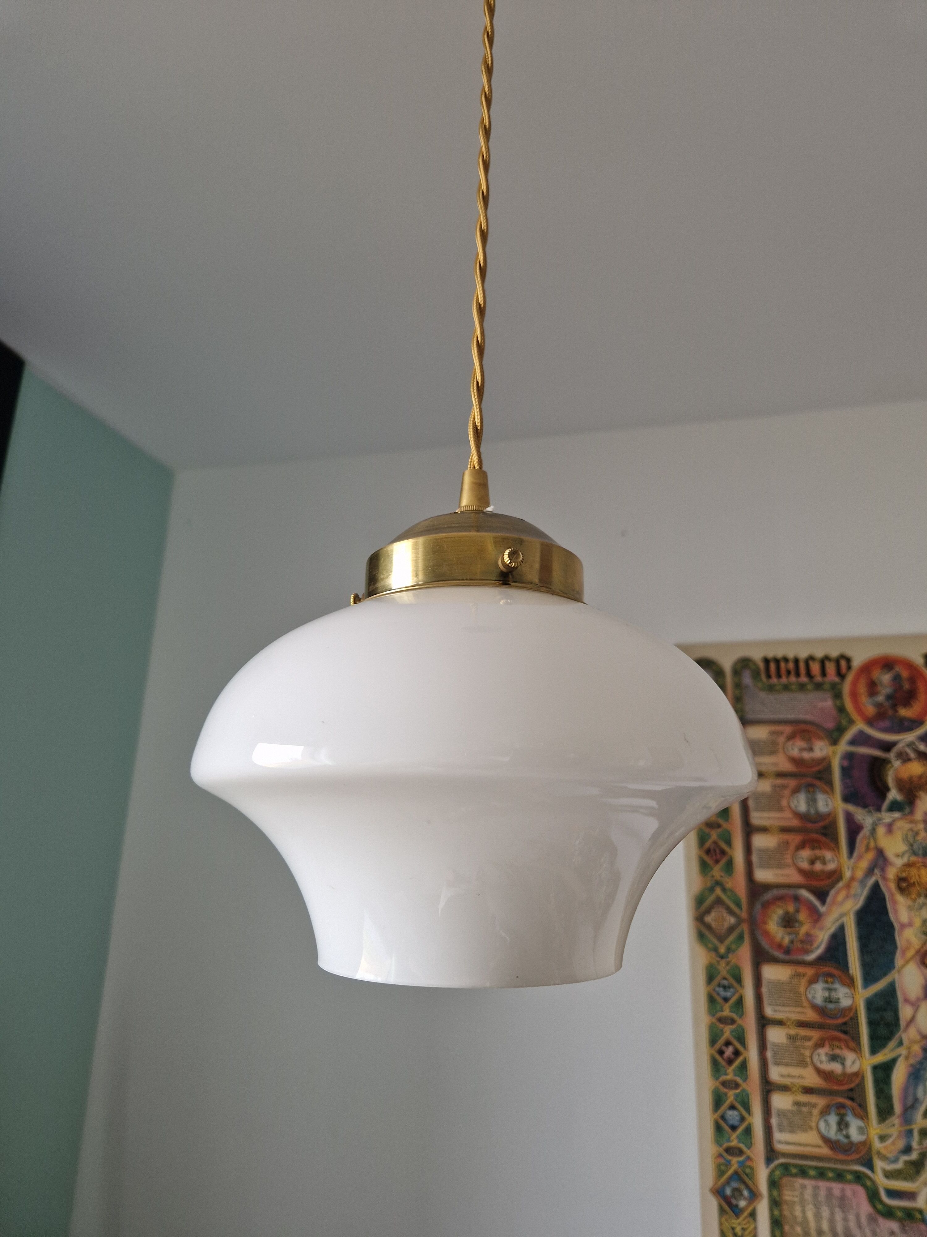 Art deco suspension opaline white and brass