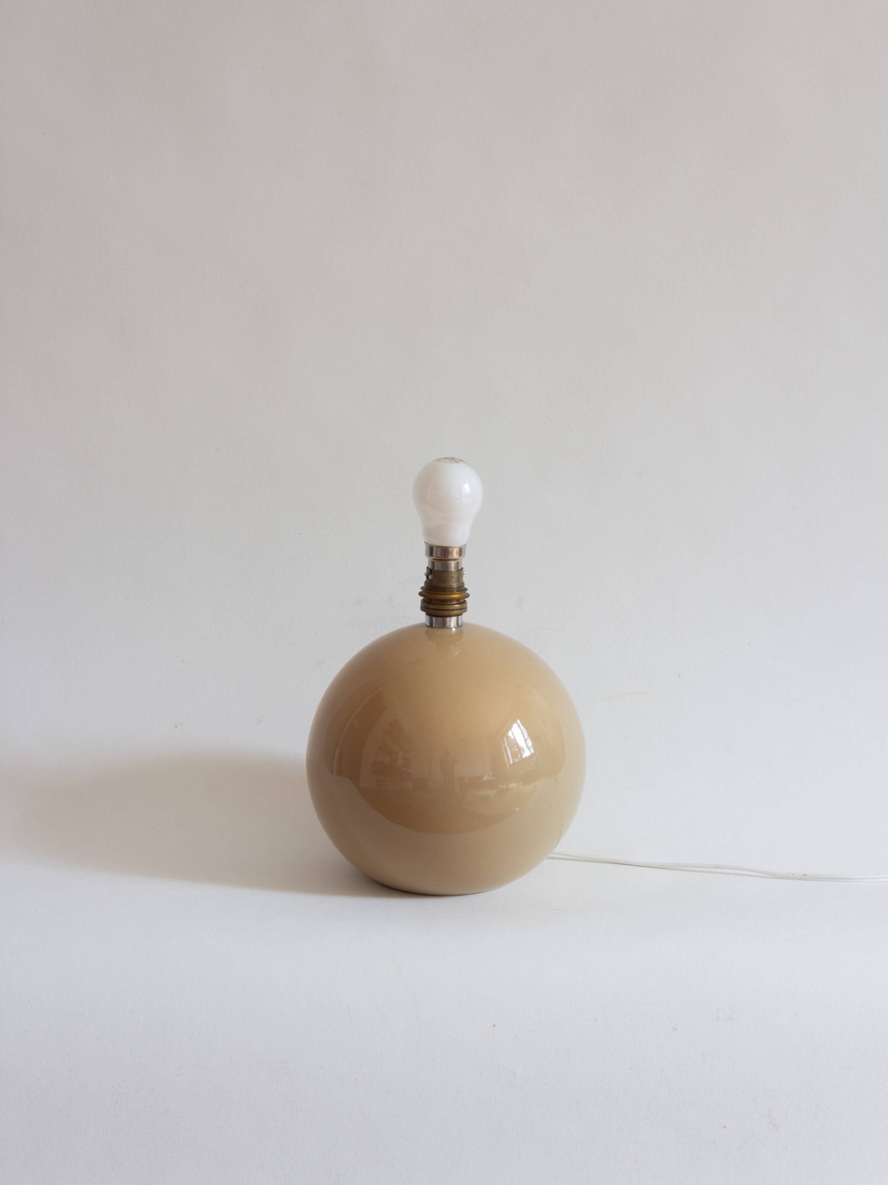 Ceramic ball lamp base in caramel beige color, 70s