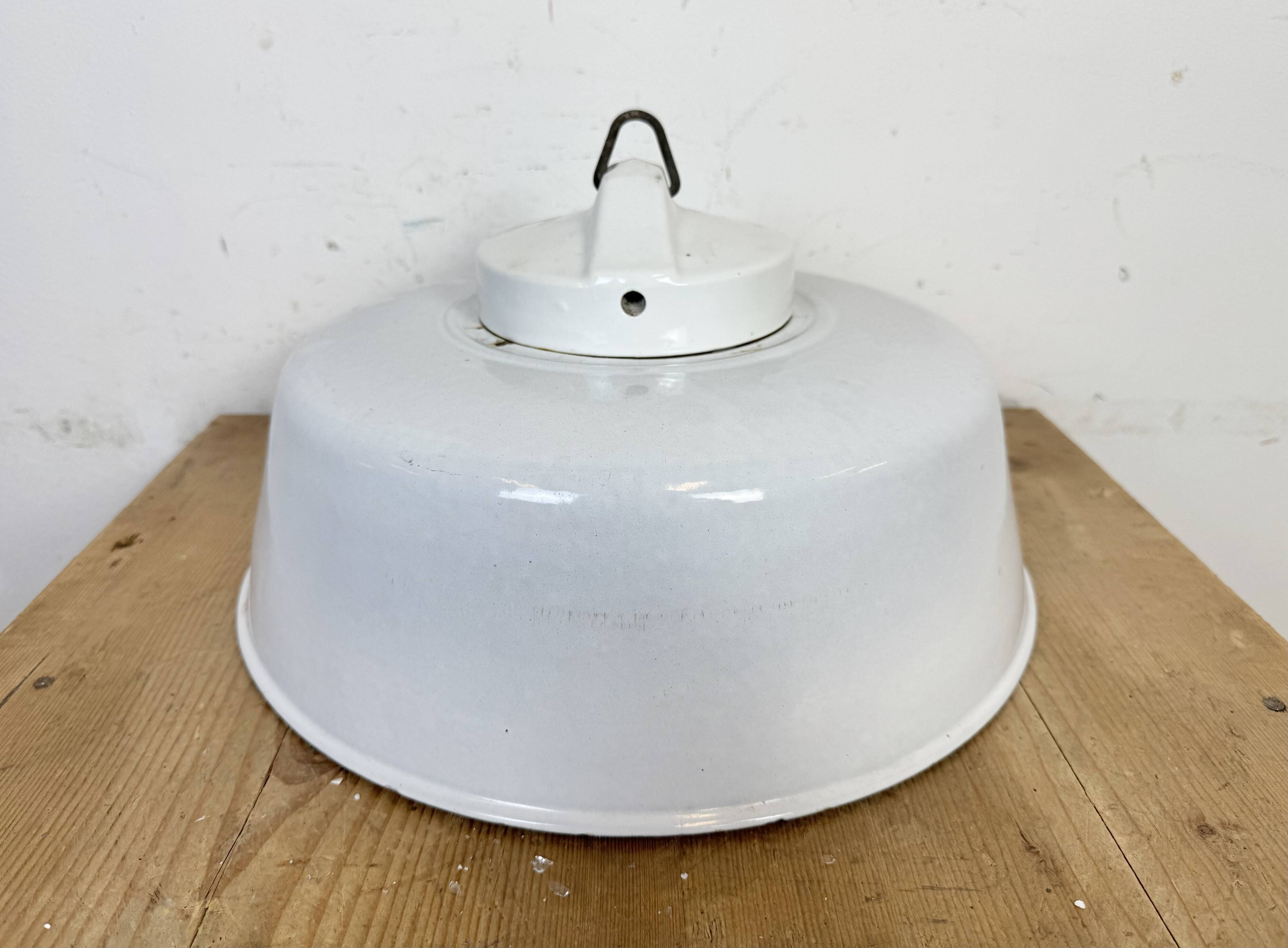 Industrial Grey Enamel Factory Pendant Lamp with Glass Cover, 1960s