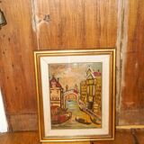 vintage oil painting venice scene * framed canvas * mid-century