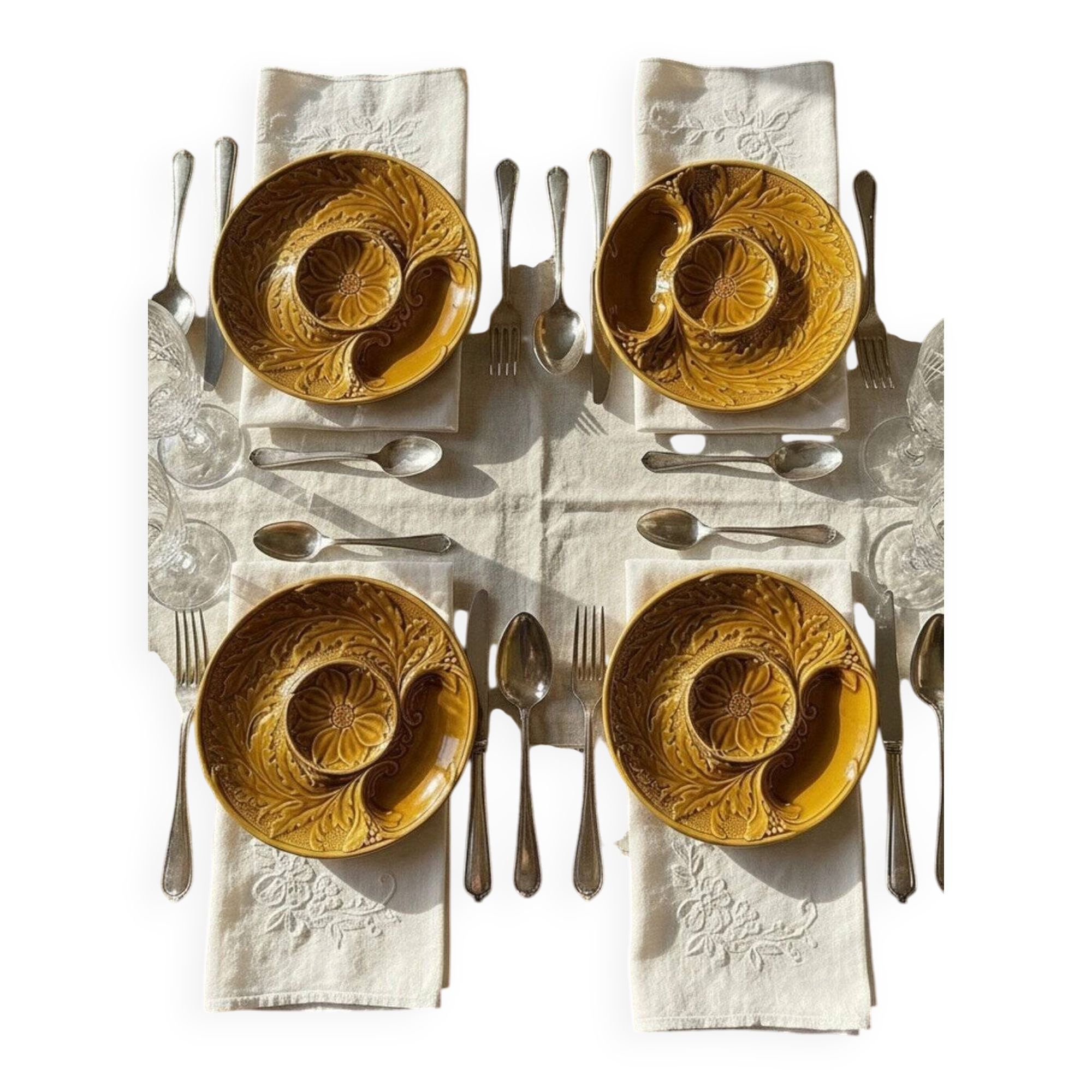 Set of plates, artichoke dishes, mustard yellow earthenware Gien vintage