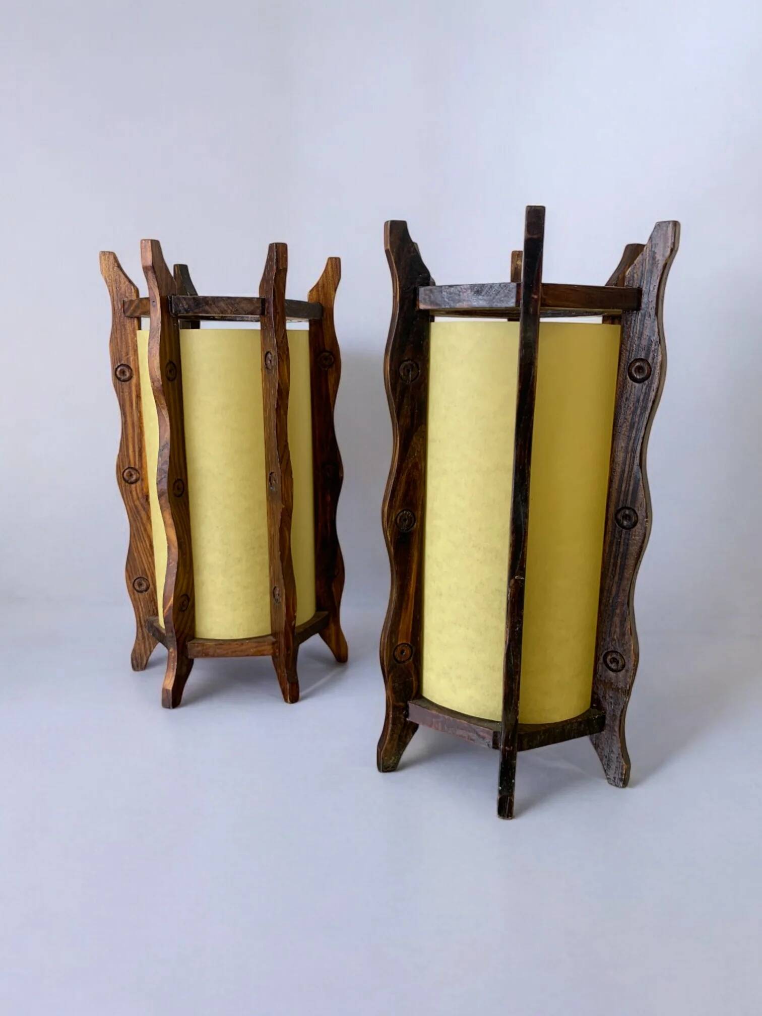 Pair of brutalist table lamps, wood & parchment, France, 1970s