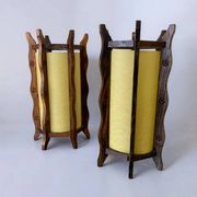 Pair of brutalist table lamps, wood & parchment, France, 1970s