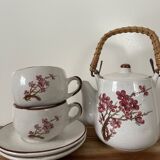 Vintage Set of 2 Stoneware Tea Cups, 2 Saucers and Teapot – Cherry Blossom Pattern