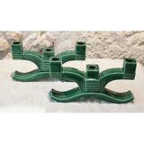 Pair of three-light candlesticks in green ceramic from around 1950-1960.