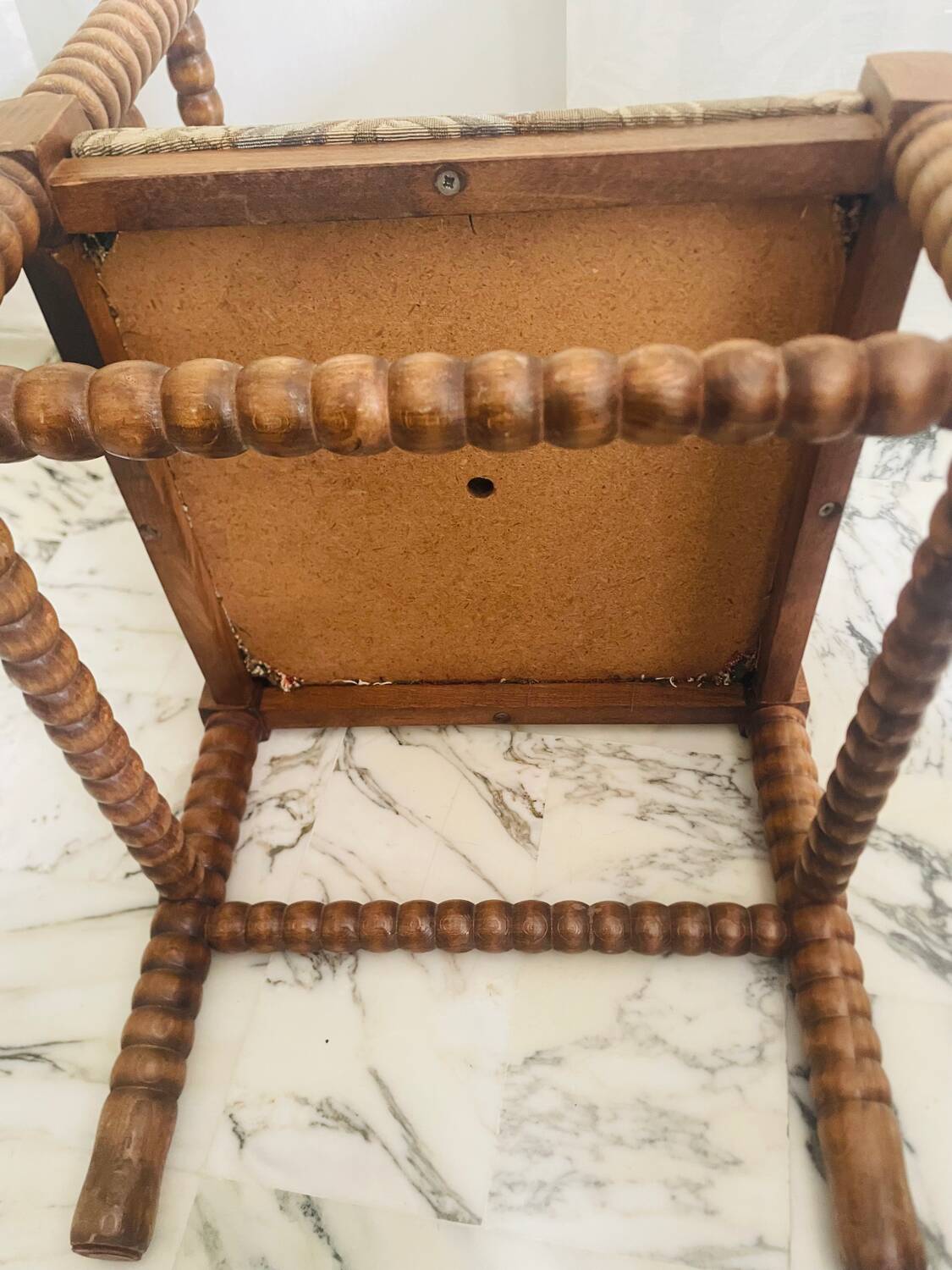 Vintage Art Deco corner chair in bobbin wood and fabric, circa 1930