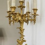 Pair of gilded bronze candlesticks, marble bases.