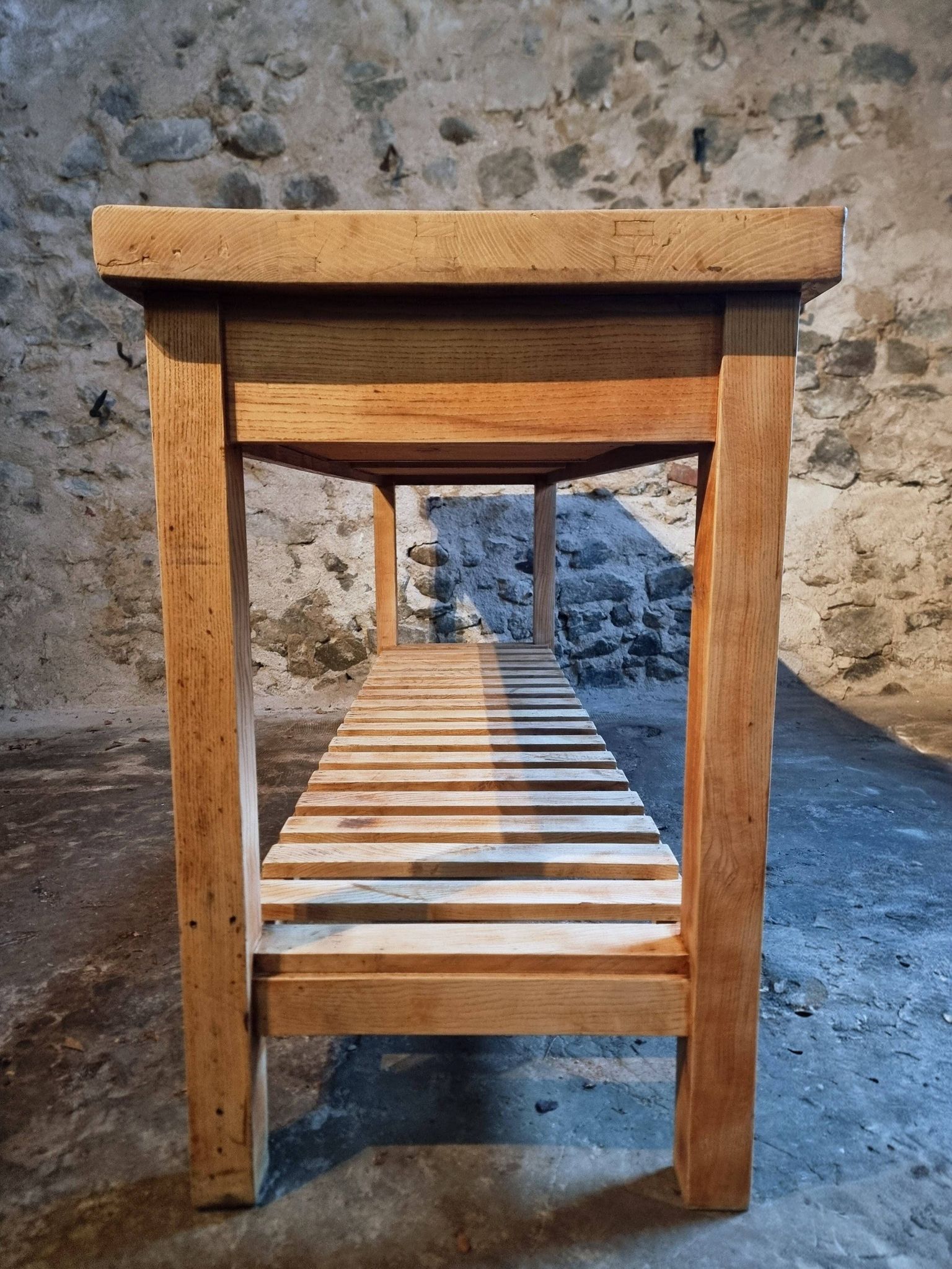 Old French baker's table – kitchen island / work table in solid chestnut with drawers.